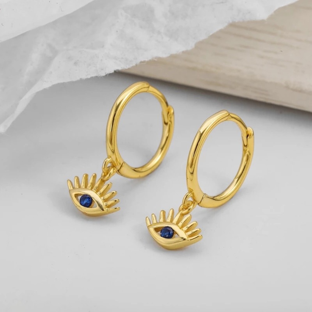 New 18K Gold Vermeil Sterling Silver 925 Evil Eye Hoop Earrings pair